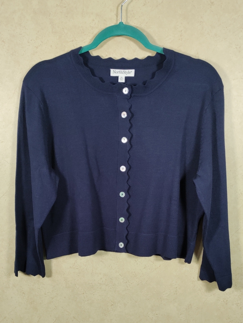 H198 NorthStyle Navy Scallop-Trim Button Cardigan XL NWT